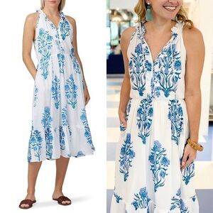 ROLLER RABBIT Sleeveless Ruffled‎ Tie Neck Vintage Floral Flounce Midi Dress XS